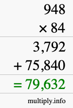 How to calculate 948 times 84 using long multiplication