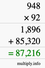 How to calculate 948 times 92 using long multiplication