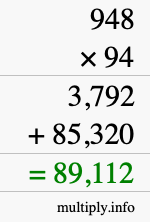 How to calculate 948 times 94 using long multiplication