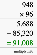 How to calculate 948 times 96 using long multiplication