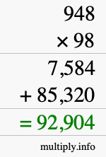 How to calculate 948 times 98 using long multiplication
