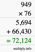 How to calculate 949 times 76 using long multiplication