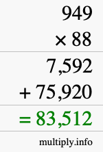 How to calculate 949 times 88 using long multiplication