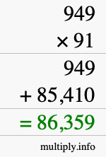 How to calculate 949 times 91 using long multiplication