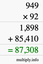 How to calculate 949 times 92 using long multiplication