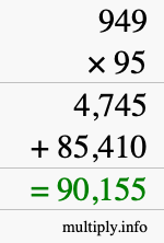 How to calculate 949 times 95 using long multiplication