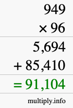 How to calculate 949 times 96 using long multiplication