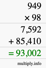 How to calculate 949 times 98 using long multiplication