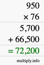 How to calculate 950 times 76 using long multiplication