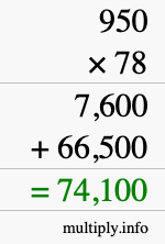 How to calculate 950 times 78 using long multiplication