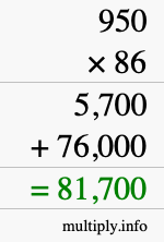 How to calculate 950 times 86 using long multiplication
