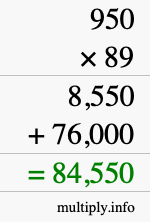 How to calculate 950 times 89 using long multiplication