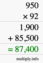 How to calculate 950 times 92 using long multiplication