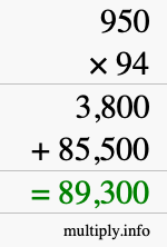 How to calculate 950 times 94 using long multiplication