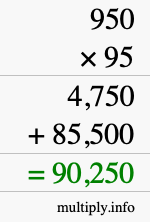 How to calculate 950 times 95 using long multiplication
