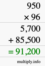 How to calculate 950 times 96 using long multiplication