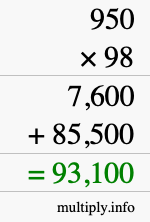How to calculate 950 times 98 using long multiplication