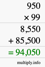 How to calculate 950 times 99 using long multiplication