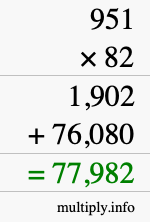 How to calculate 951 times 82 using long multiplication