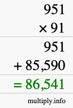 How to calculate 951 times 91 using long multiplication