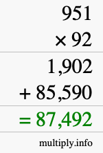 How to calculate 951 times 92 using long multiplication