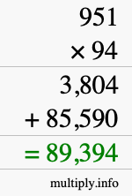 How to calculate 951 times 94 using long multiplication