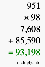 How to calculate 951 times 98 using long multiplication