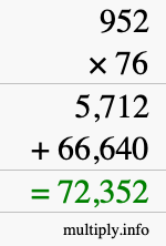 How to calculate 952 times 76 using long multiplication