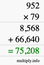 How to calculate 952 times 79 using long multiplication