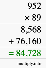 How to calculate 952 times 89 using long multiplication