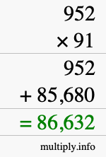 How to calculate 952 times 91 using long multiplication