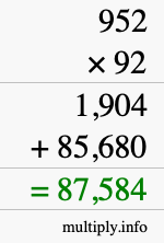 How to calculate 952 times 92 using long multiplication