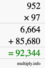 How to calculate 952 times 97 using long multiplication