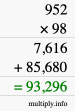 How to calculate 952 times 98 using long multiplication