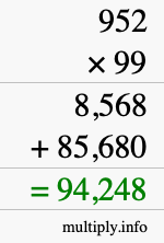 How to calculate 952 times 99 using long multiplication