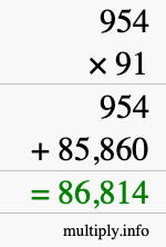 How to calculate 954 times 91 using long multiplication