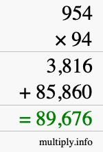 How to calculate 954 times 94 using long multiplication