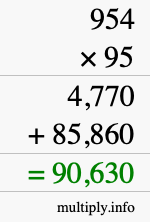How to calculate 954 times 95 using long multiplication