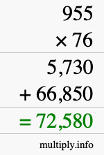 How to calculate 955 times 76 using long multiplication