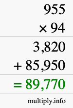 How to calculate 955 times 94 using long multiplication