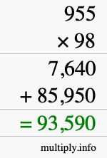 How to calculate 955 times 98 using long multiplication