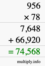 How to calculate 956 times 78 using long multiplication