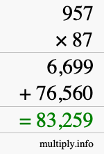 How to calculate 957 times 87 using long multiplication