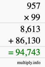 How to calculate 957 times 99 using long multiplication