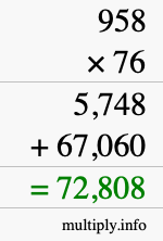 How to calculate 958 times 76 using long multiplication