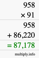 How to calculate 958 times 91 using long multiplication