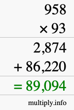 How to calculate 958 times 93 using long multiplication