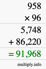 How to calculate 958 times 96 using long multiplication