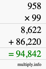 How to calculate 958 times 99 using long multiplication
