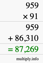 How to calculate 959 times 91 using long multiplication